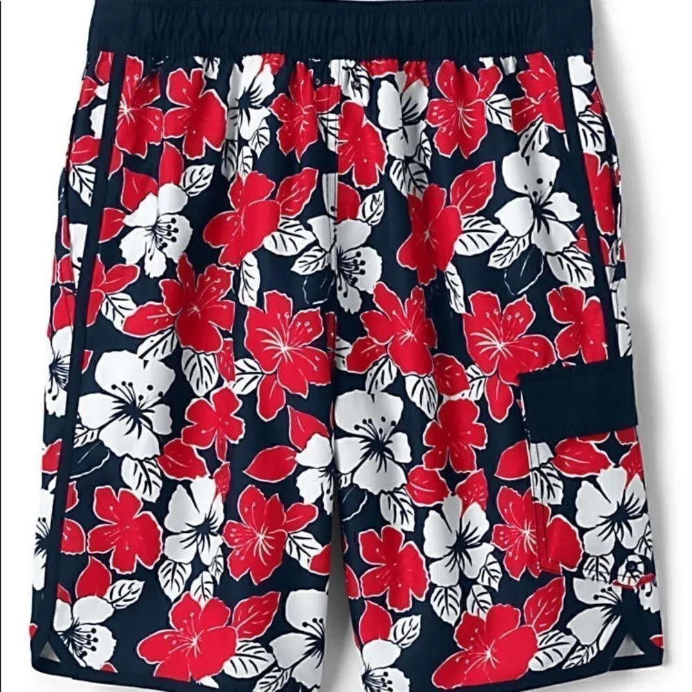 Land’s End men’s Floral better board Swim Shorts floral  blue red white tie L